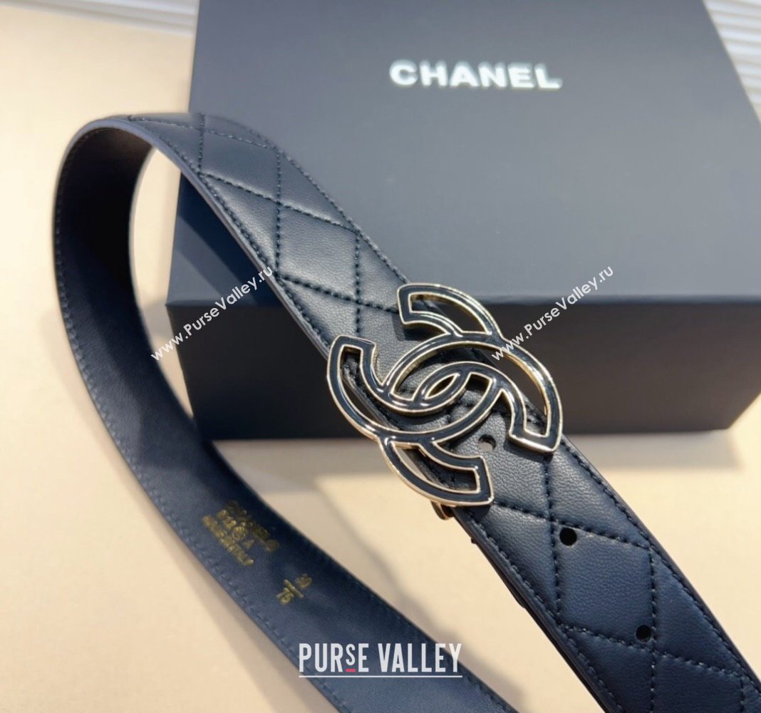 Chanel Quilted Calfskin Belt 3cm with Clear CC Buckle Black 2024 0820 (99-240820018)