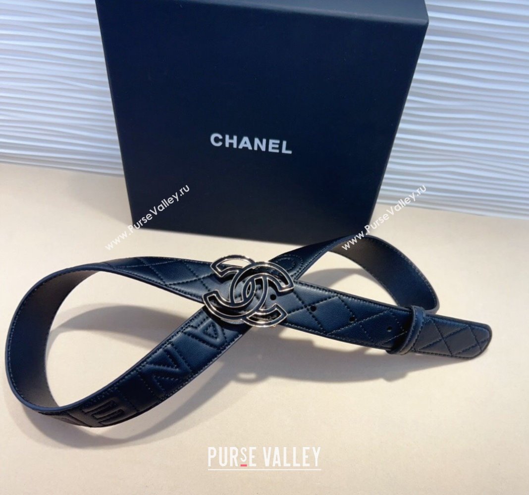 Chanel Quilted Calfskin Belt 3cm with Clear CC Buckle Black 2024 0820 (99-240820018)