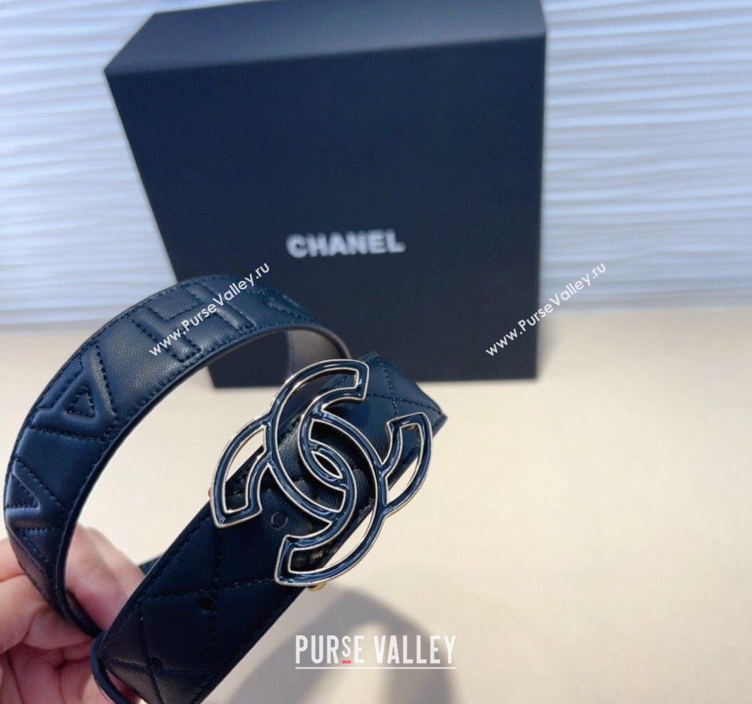 Chanel Quilted Calfskin Belt 3cm with Clear CC Buckle Black 2024 0820 (99-240820018)