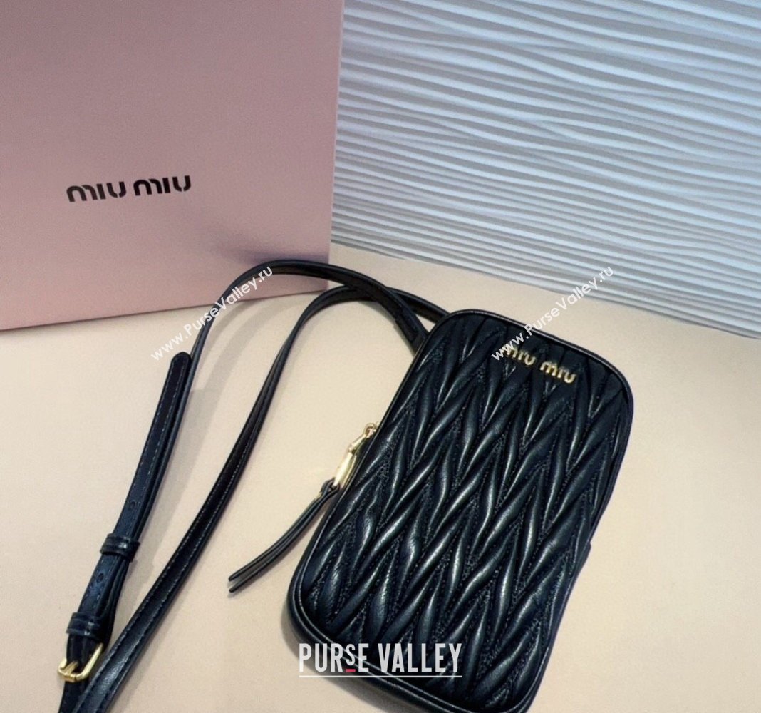 Miu Miu Matelasse Leather Phone Holder with Strap Black 2024 0820 (99-240820061)