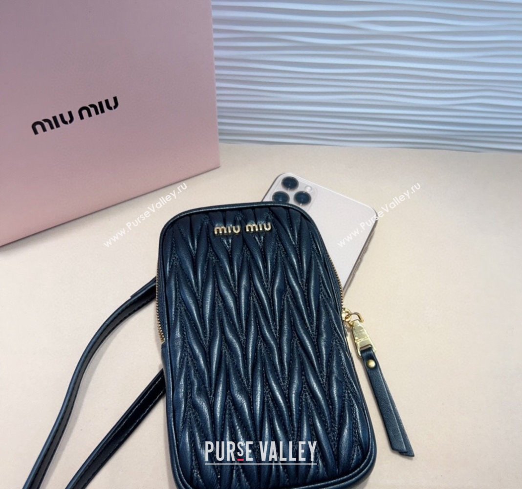 Miu Miu Matelasse Leather Phone Holder with Strap Black 2024 0820 (99-240820061)