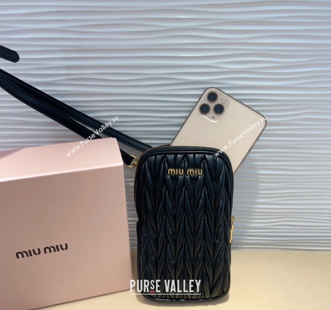 Miu Miu Matelasse Leather Phone Holder with Strap Black 2024 0820 (99-240820061)