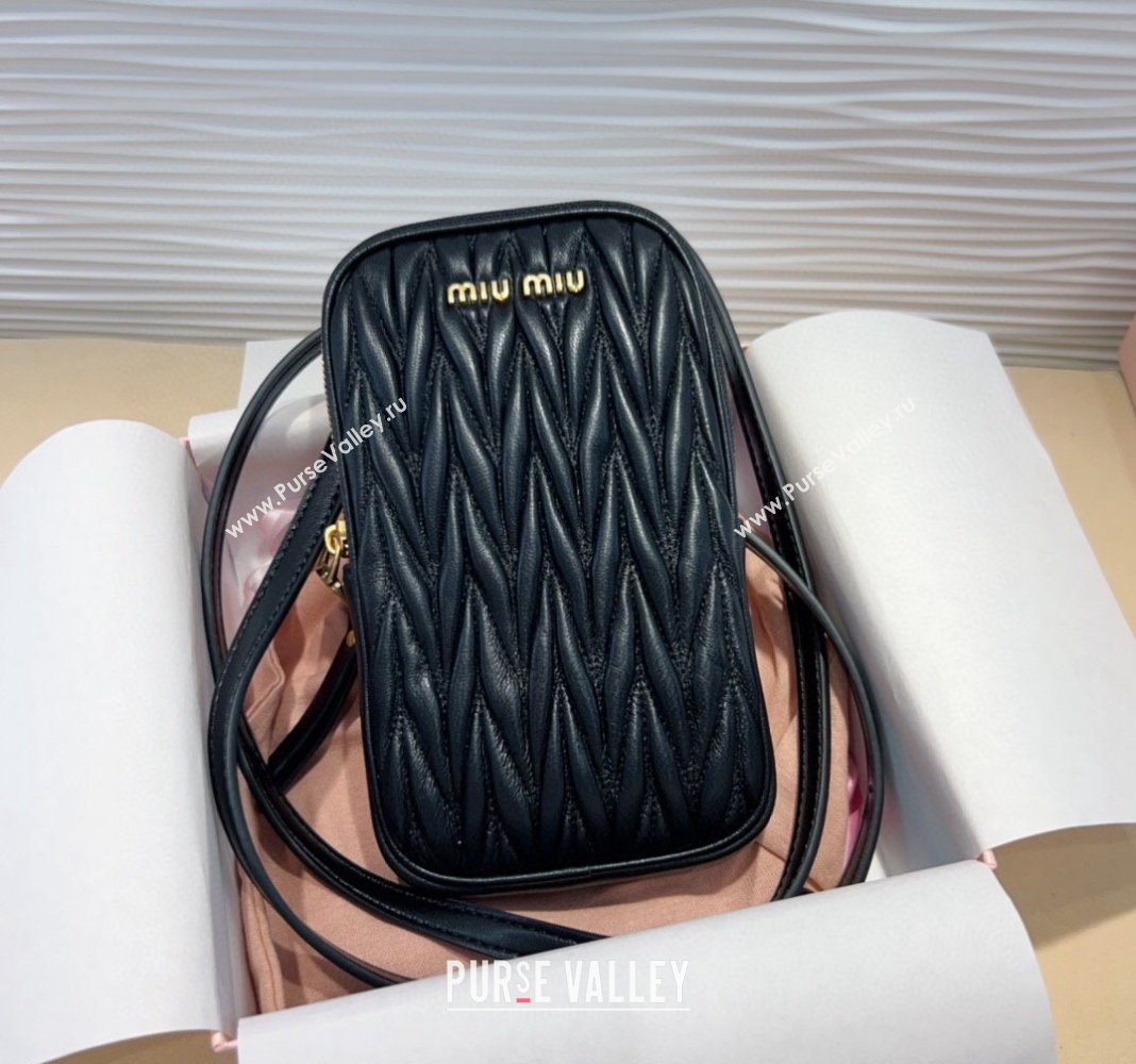 Miu Miu Matelasse Leather Phone Holder with Strap Black 2024 0820 (99-240820061)