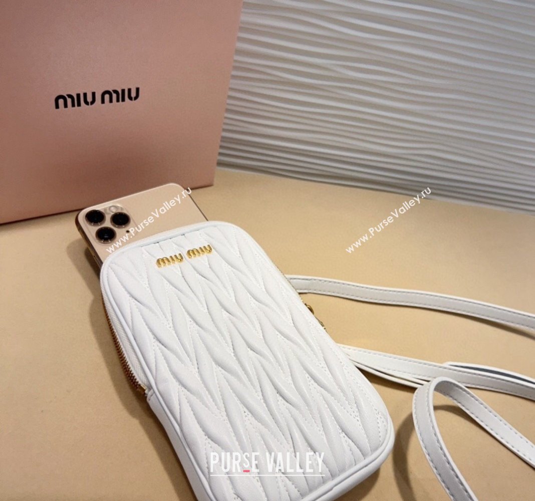 Miu Miu Matelasse Leather Phone Holder with Strap White 2024 0820 (99-240820062)