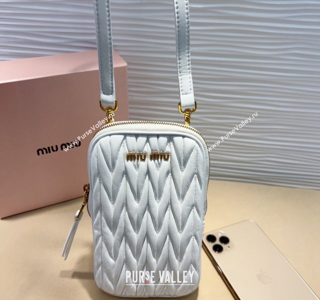 Miu Miu Matelasse Leather Phone Holder with Strap White 2024 0820 (99-240820062)