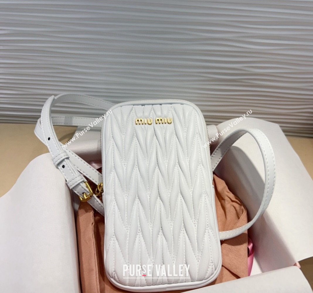 Miu Miu Matelasse Leather Phone Holder with Strap White 2024 0820 (99-240820062)