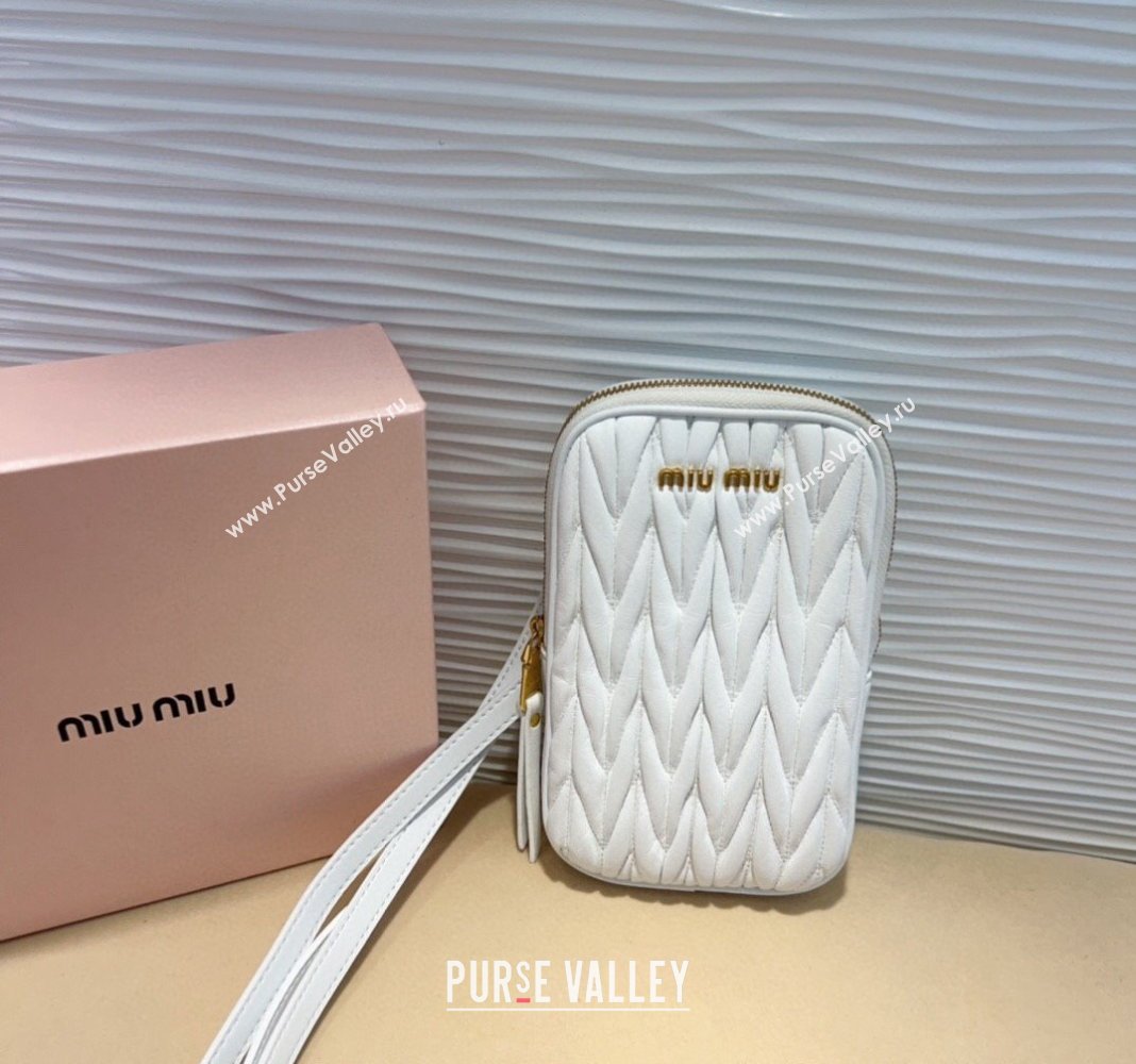 Miu Miu Matelasse Leather Phone Holder with Strap White 2024 0820 (99-240820062)