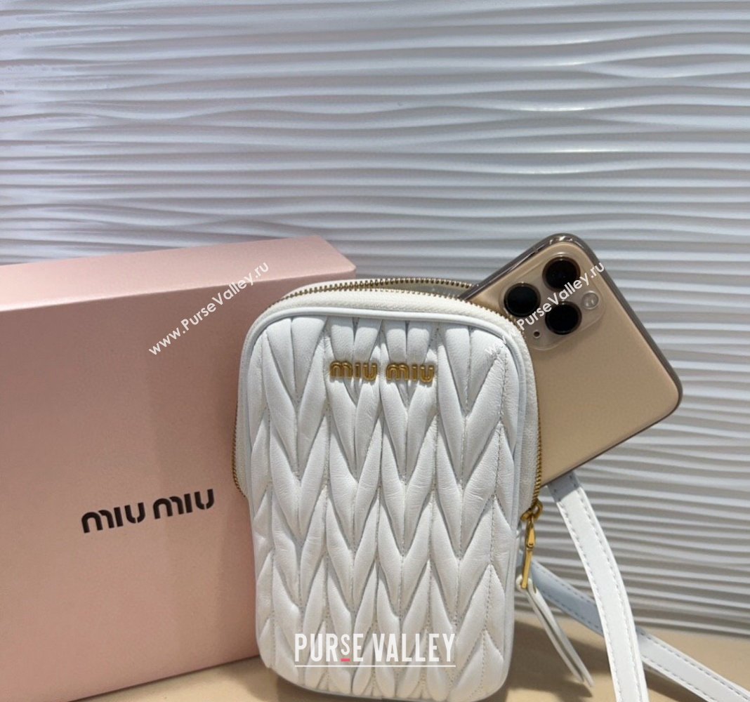 Miu Miu Matelasse Leather Phone Holder with Strap White 2024 0820 (99-240820062)