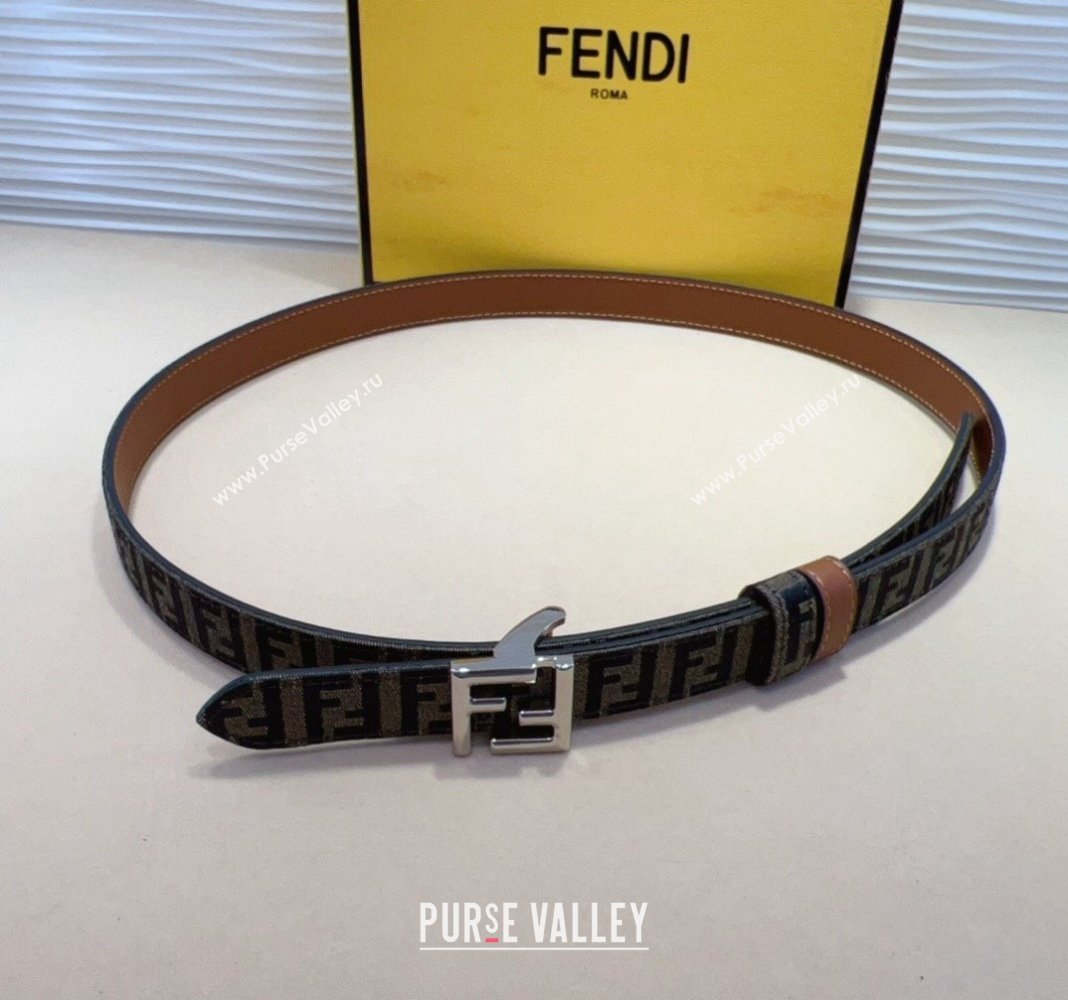 Fendi FF Canvas and Calfskin Belt 2cm Brown/Silver 2024 FE102201 (99-241022022)