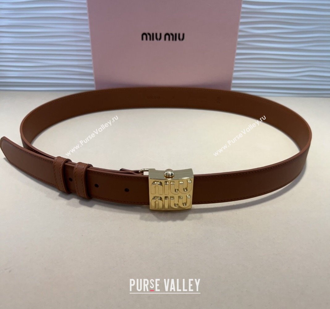 Miu Miu Calfskin Belt 3cm with Logo Band Buckle Brown/Gold 2024 MM102201 (99-241022028)