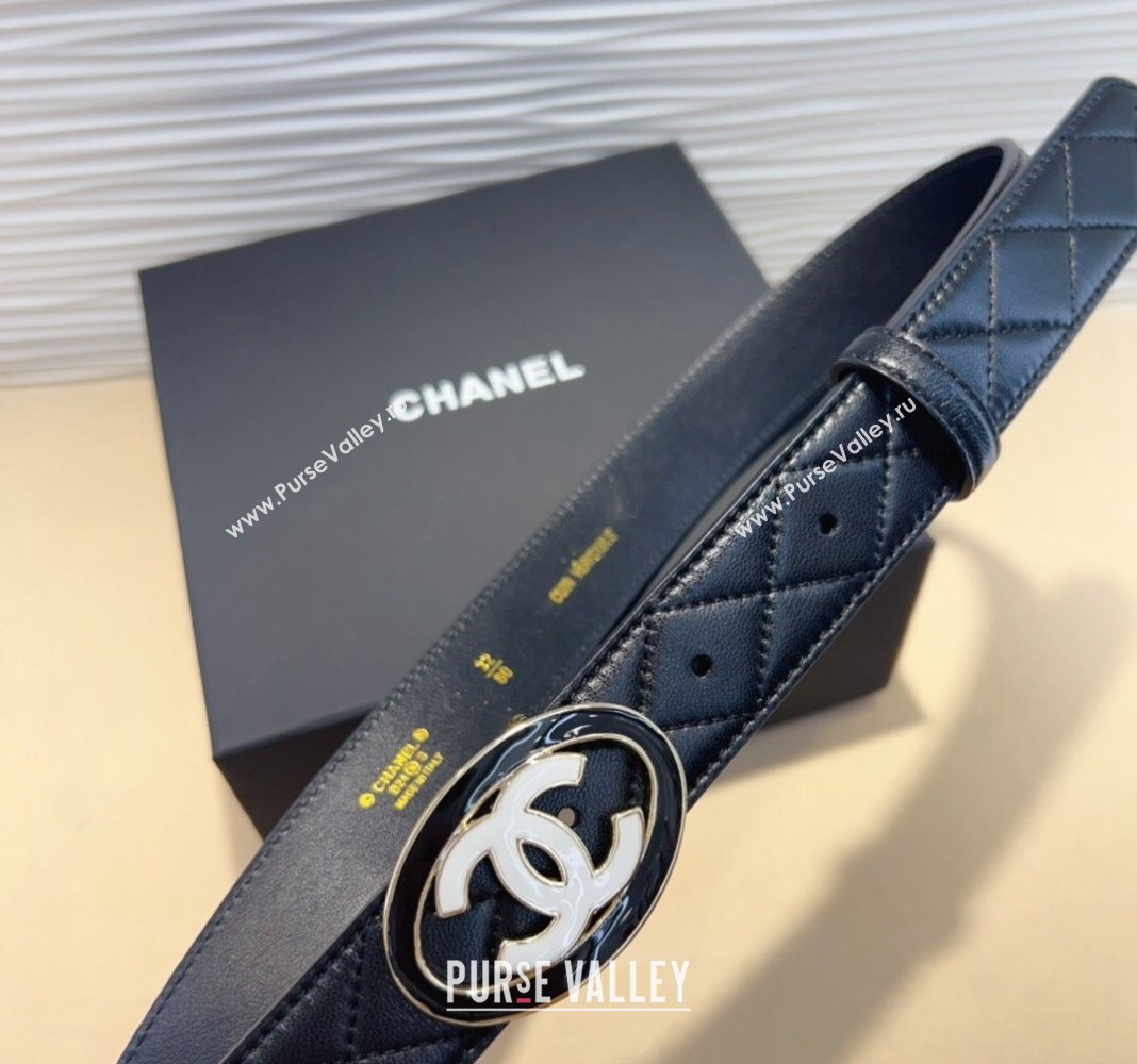 Chanel Quilted Lambskin Belt 3cm with White CC Black 2024 CH102207 (99-241022095)