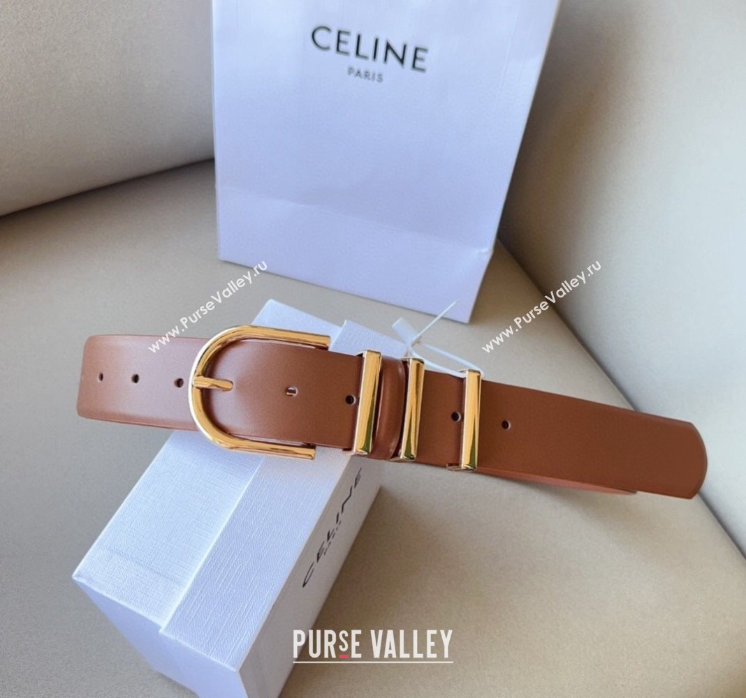 Celine Triomphe Medium Calfskin Belt 4cm with Pin Buckle Tan Brown 2024 CE102201 (99-241022033)