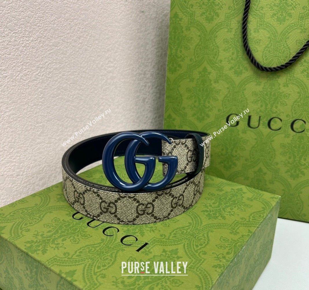 Gucci Leather and GG Canvas Belt 3cm with GG Buckle Blue 2024 GG102105 (99-241021125)