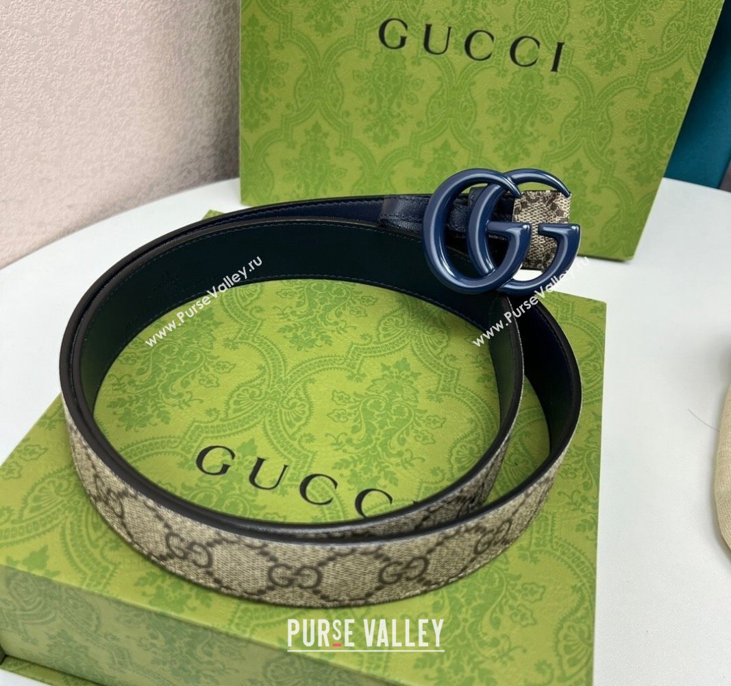 Gucci Leather and GG Canvas Belt 3cm with GG Buckle Blue 2024 GG102105 (99-241021125)