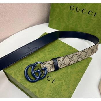 Gucci Leather and GG Canvas Belt 3cm with GG Buckle Blue 2024 GG102105 (99-241021125)