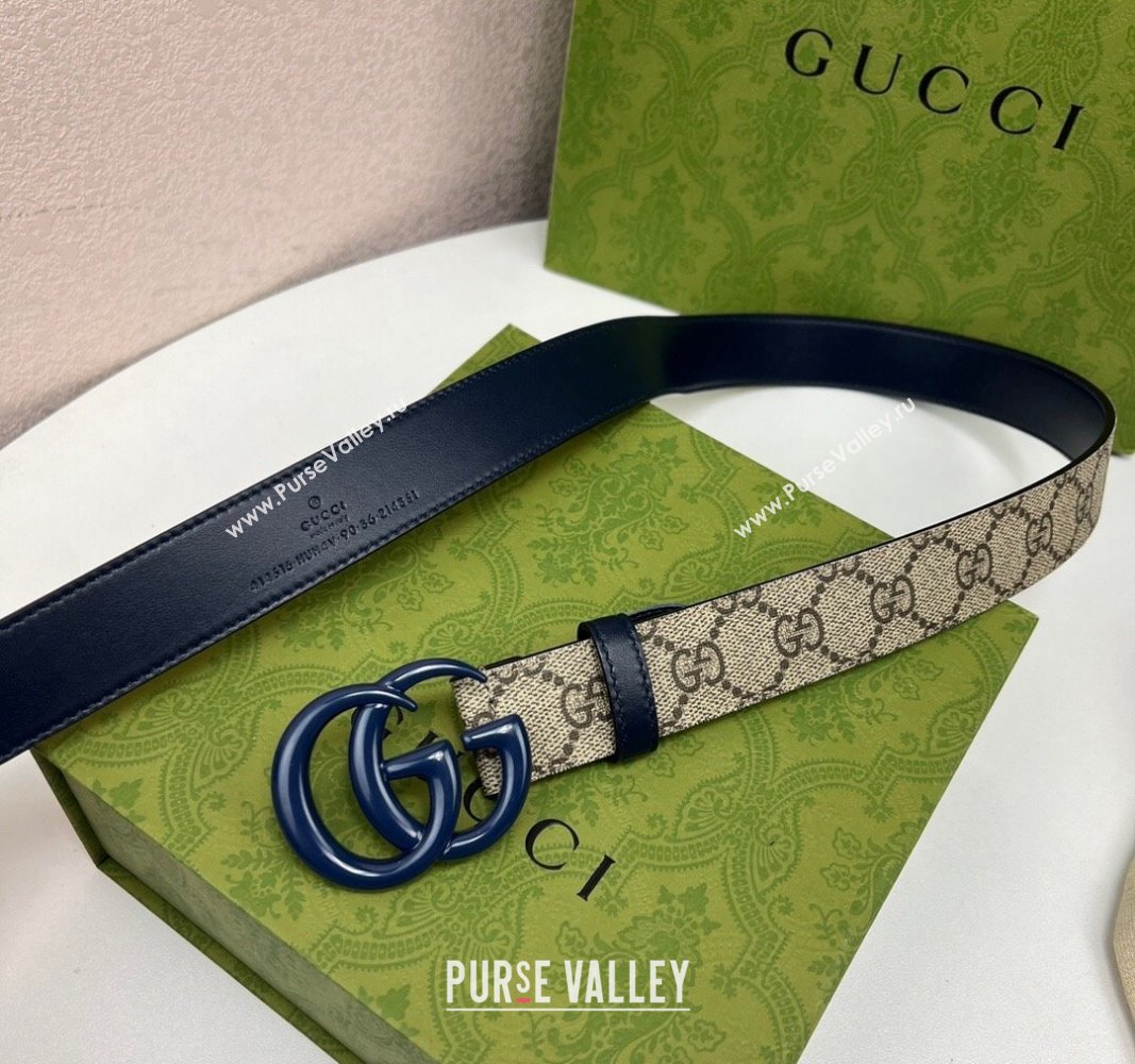 Gucci Leather and GG Canvas Belt 3cm with GG Buckle Blue 2024 GG102105 (99-241021125)