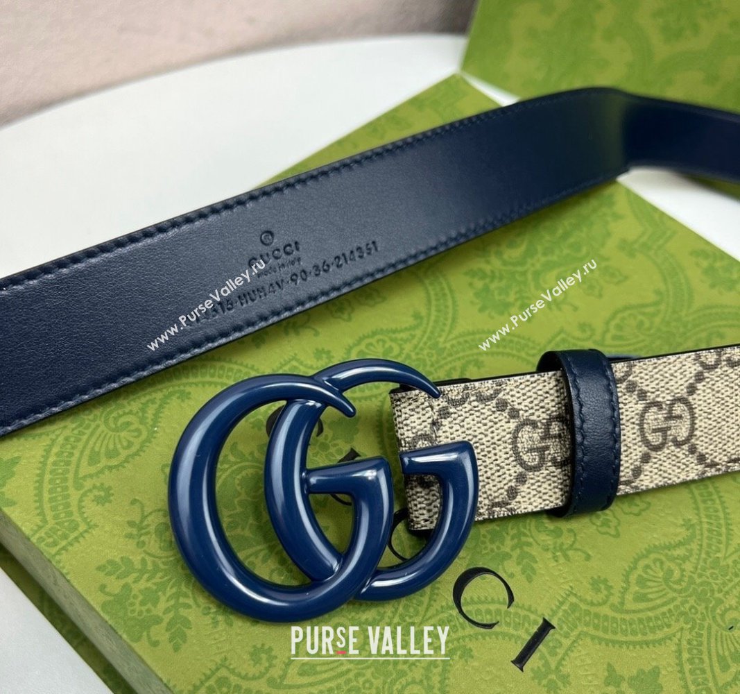 Gucci Leather and GG Canvas Belt 3cm with GG Buckle Blue 2024 GG102105 (99-241021125)