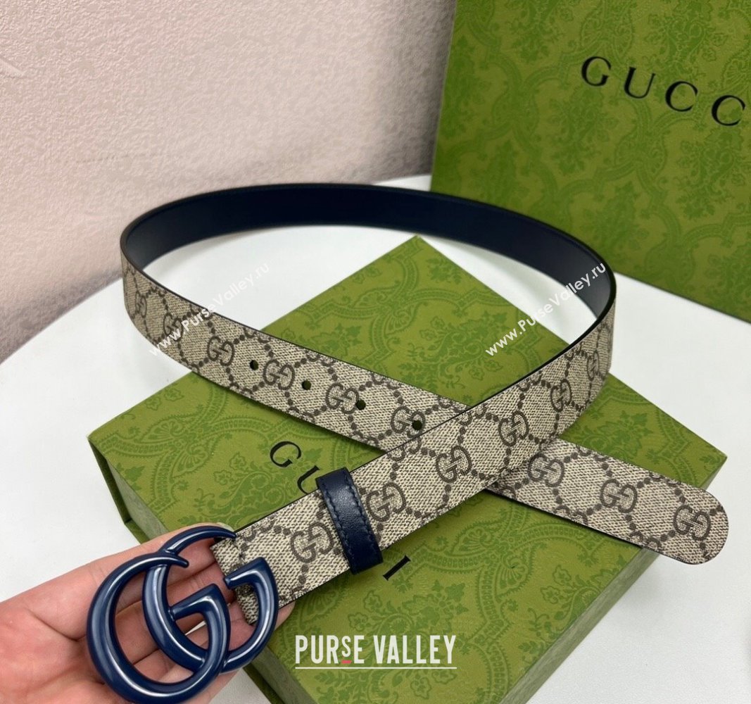 Gucci Leather and GG Canvas Belt 3cm with GG Buckle Blue 2024 GG102105 (99-241021125)