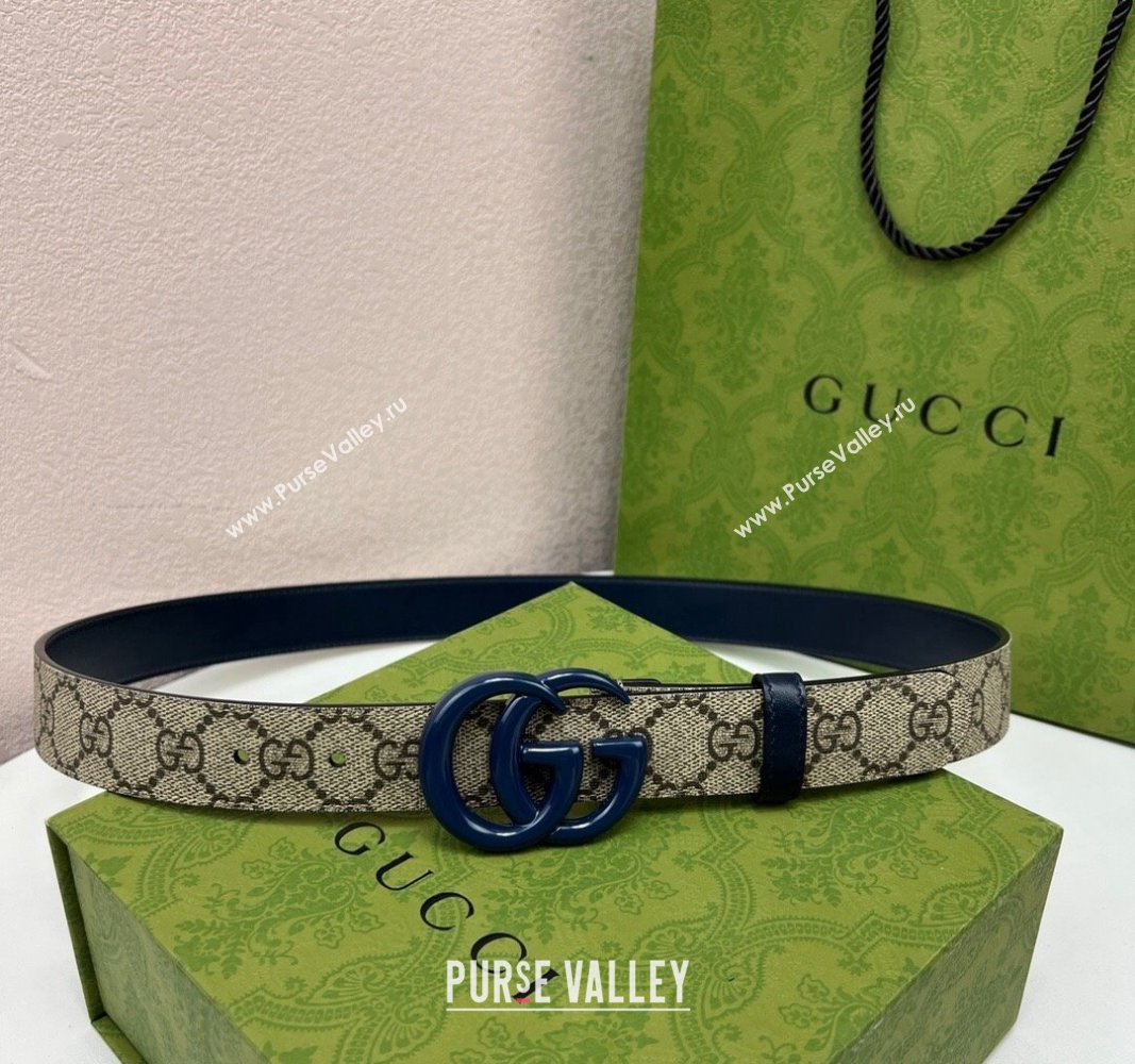 Gucci Leather and GG Canvas Belt 3cm with GG Buckle Blue 2024 GG102105 (99-241021125)