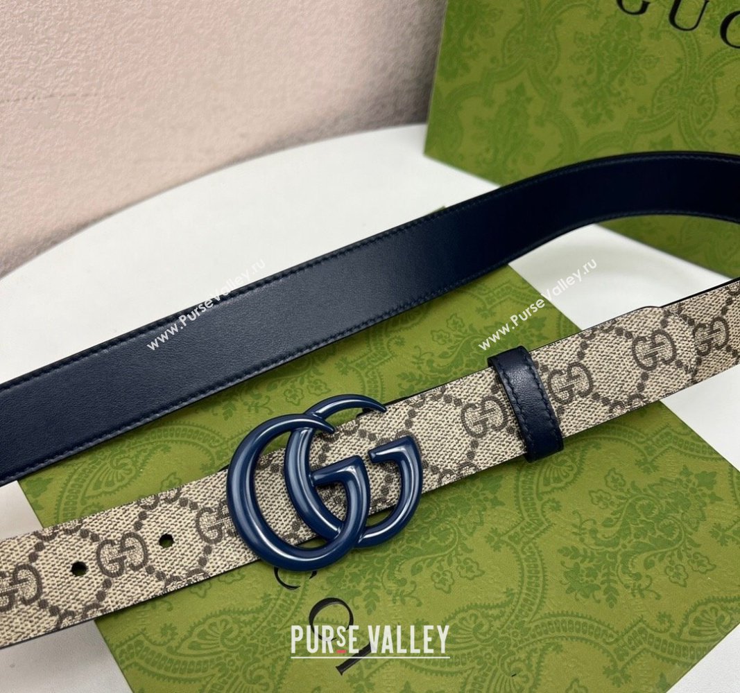 Gucci Leather and GG Canvas Belt 3cm with GG Buckle Blue 2024 GG102105 (99-241021125)