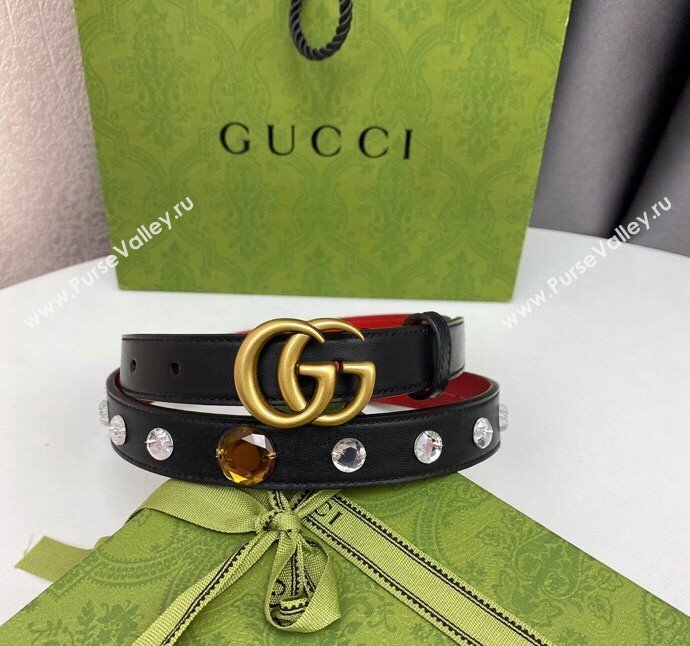 Gucci Calfskin Leather Belt 2cm with GG Buckle with Strass Stone Black 2024 GG102107 (99-241021137)