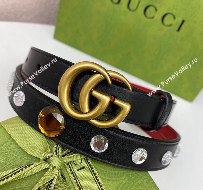 Gucci Calfskin Leather Belt 2cm with GG Buckle with Strass Stone Black 2024 GG102107 (99-241021137)