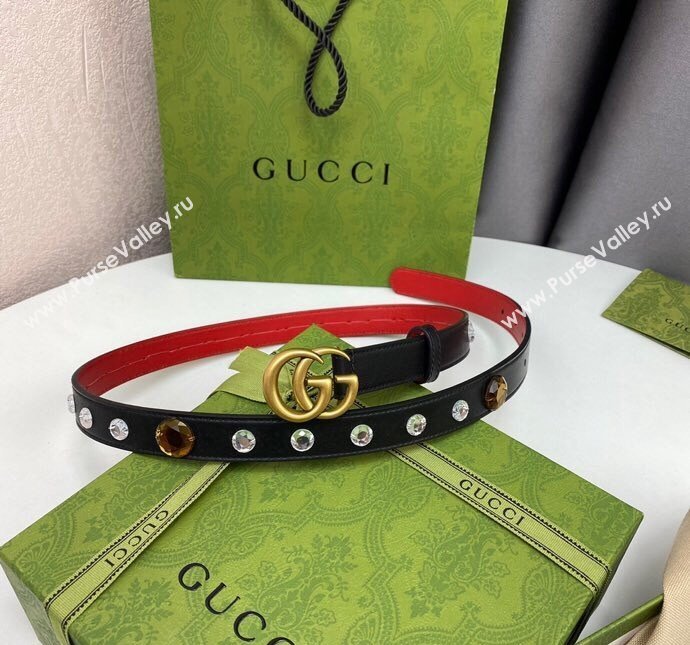 Gucci Calfskin Leather Belt 2cm with GG Buckle with Strass Stone Black 2024 GG102107 (99-241021137)