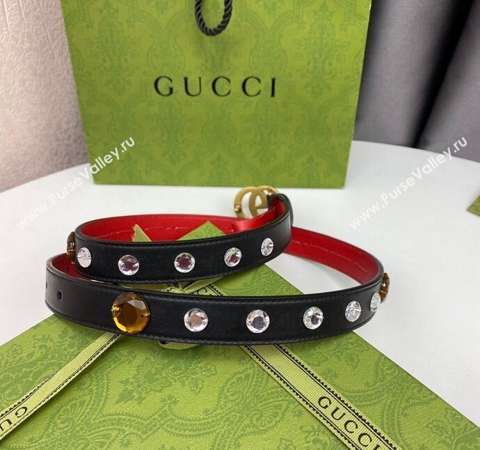 Gucci Calfskin Leather Belt 2cm with GG Buckle with Strass Stone Black 2024 GG102107 (99-241021137)