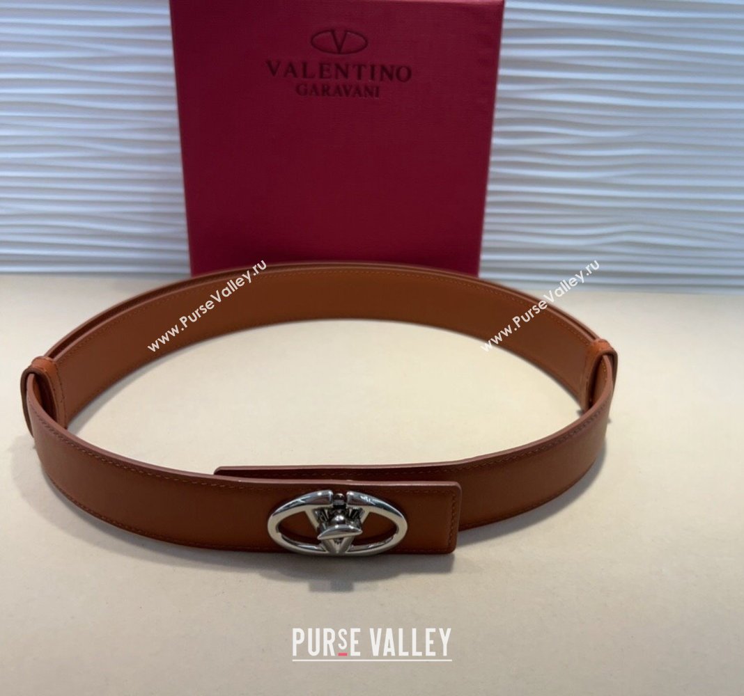 Valentino VLogo Locker Calfskin Belt 3cm with Silver Buckle Brown 2024 VLTN102201 (99-241022056)