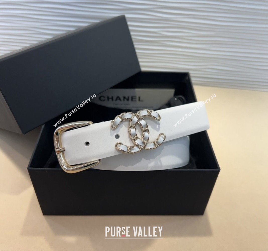 Chanel Classic Calfskin Belt 3cm with Chain CC White/Gold 2024 CH102202 (99-241022063)