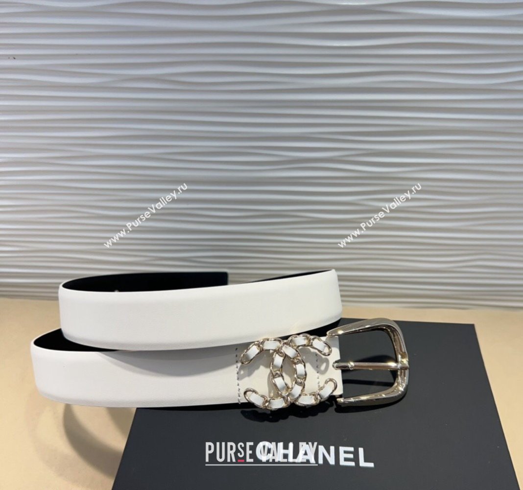 Chanel Classic Calfskin Belt 3cm with Chain CC White/Gold 2024 CH102202 (99-241022063)