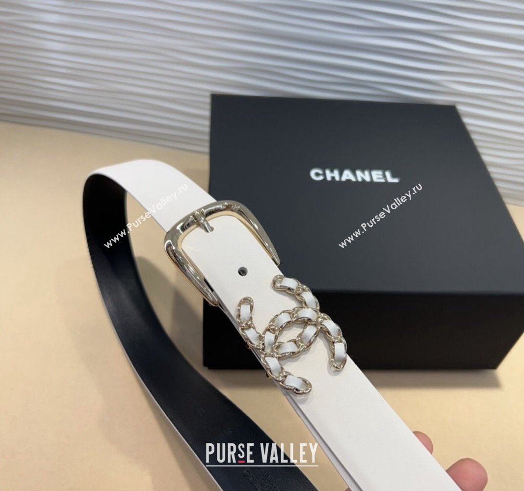 Chanel Classic Calfskin Belt 3cm with Chain CC White/Gold 2024 CH102202 (99-241022063)