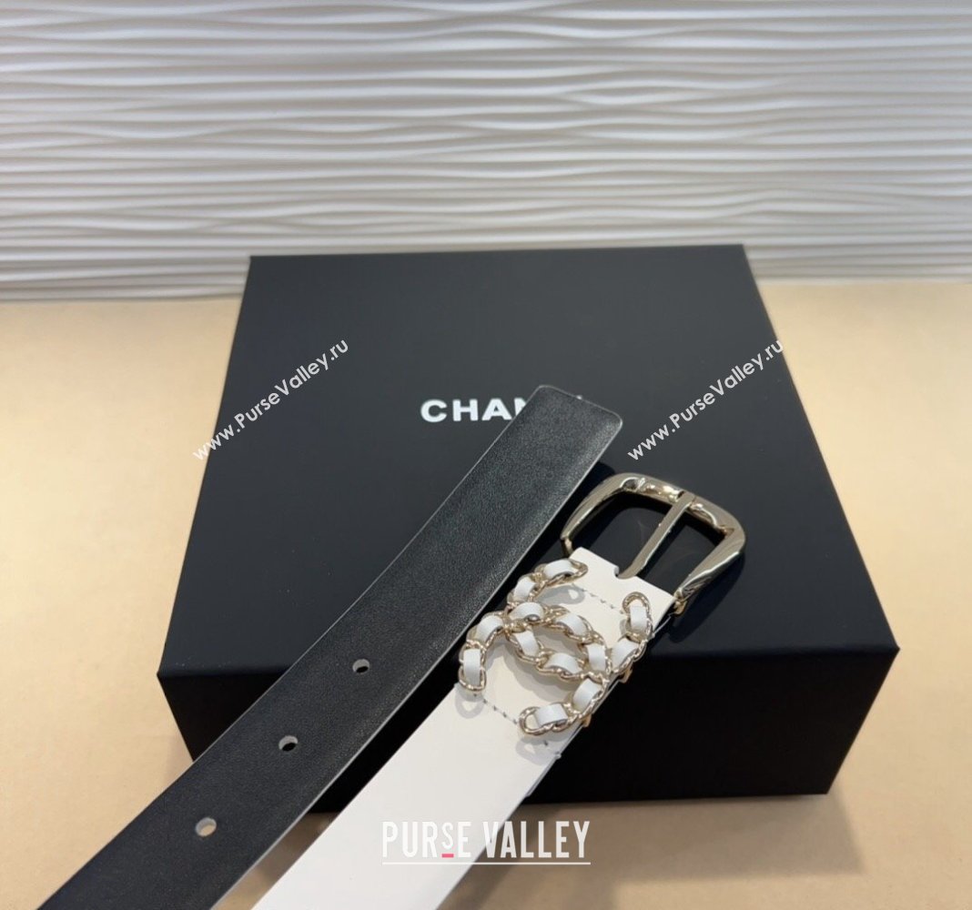 Chanel Classic Calfskin Belt 3cm with Chain CC White/Gold 2024 CH102202 (99-241022063)