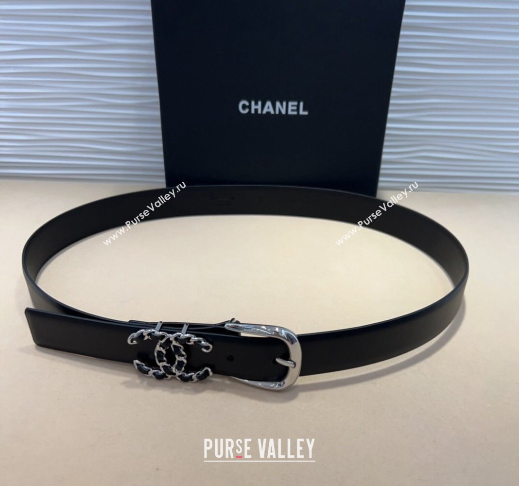 Chanel Classic Calfskin Belt 3cm with Chain CC Black/Silver 2024 CH102202 (99-241022064)