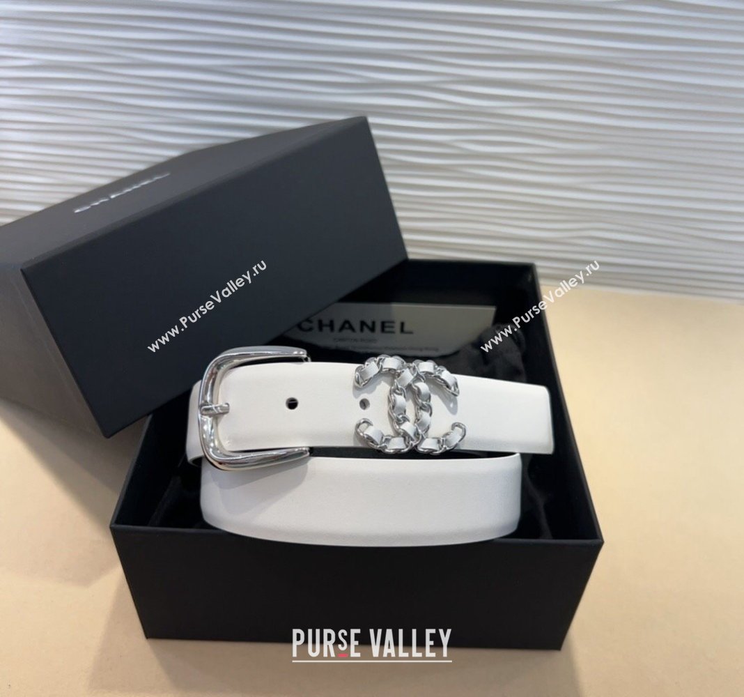 Chanel Classic Calfskin Belt 3cm with Chain CC White/Silver 2024 CH102202 (99-241022065)