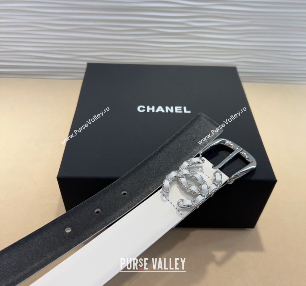 Chanel Classic Calfskin Belt 3cm with Chain CC White/Silver 2024 CH102202 (99-241022065)