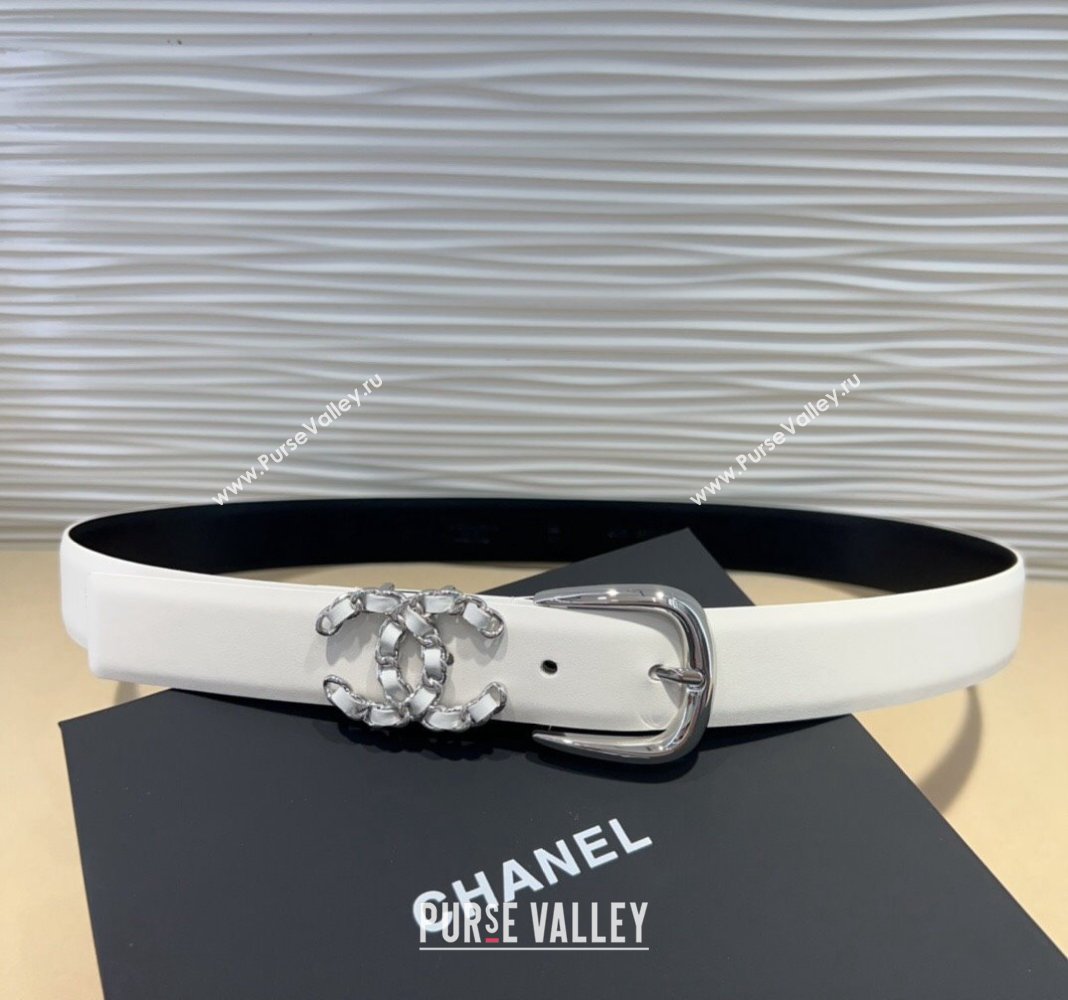 Chanel Classic Calfskin Belt 3cm with Chain CC White/Silver 2024 CH102202 (99-241022065)