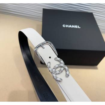 Chanel Classic Calfskin Belt 3cm with Chain CC White/Silver 2024 CH102202 (99-241022065)