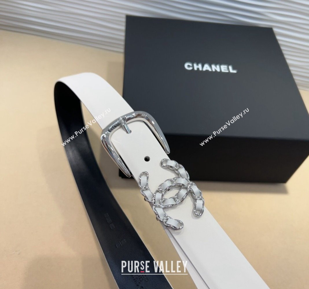 Chanel Classic Calfskin Belt 3cm with Chain CC White/Silver 2024 CH102202 (99-241022065)