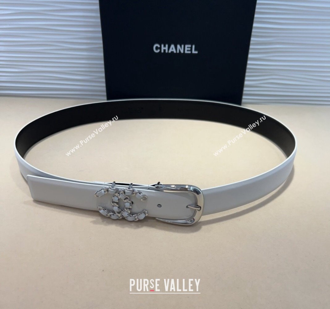 Chanel Classic Calfskin Belt 3cm with Chain CC White/Silver 2024 CH102202 (99-241022065)