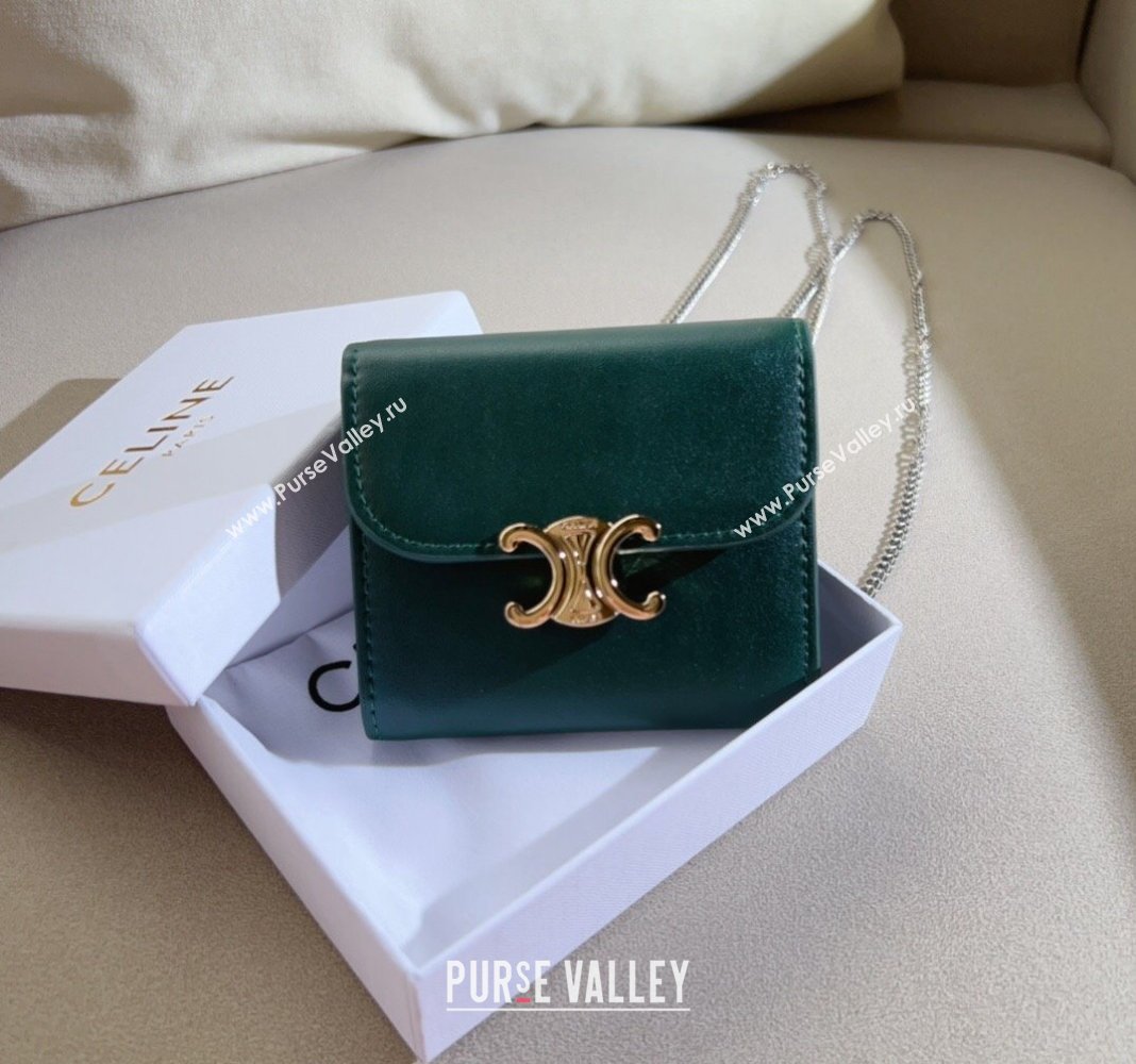 Celine Shiny Lambskin Chain Wallet Dark Green 2024 CE102206 (99-241022146)