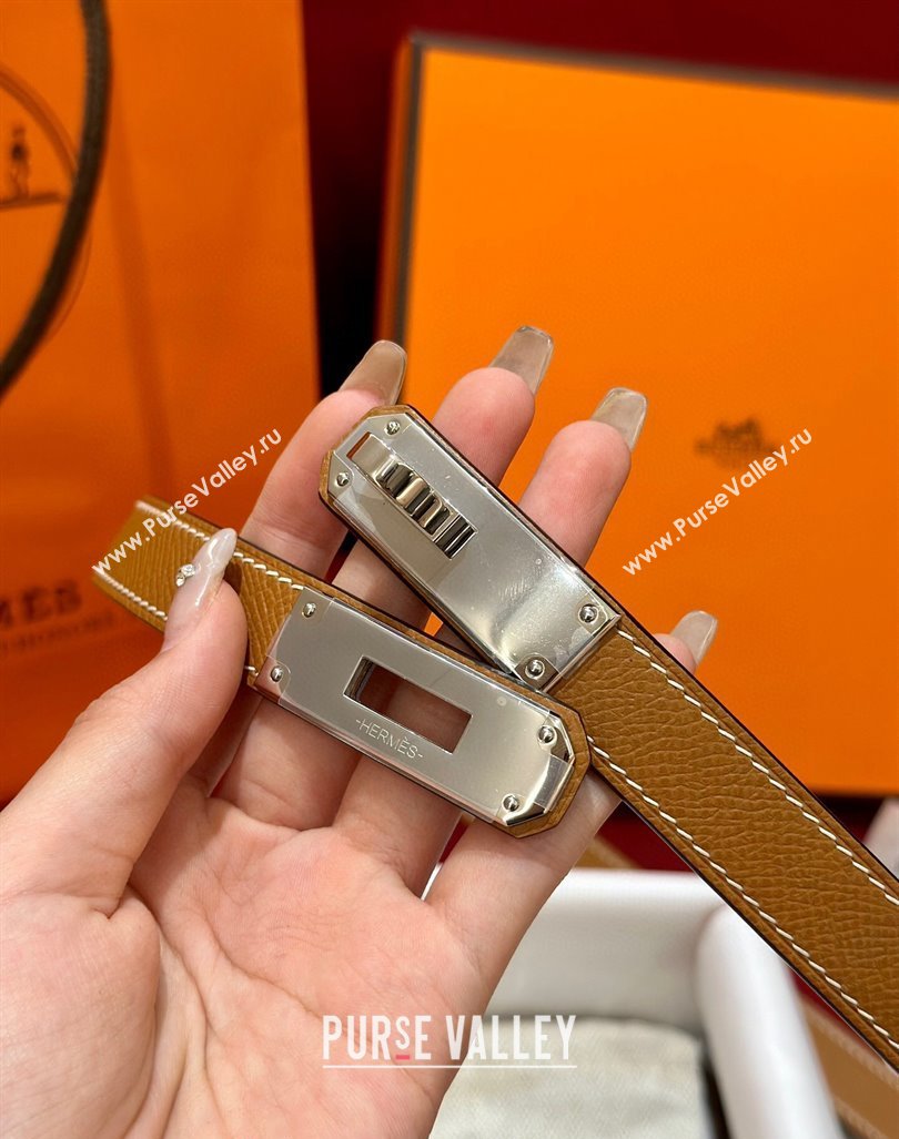 Hermes Kelly Duo Belt 1.8cm in Epsom Calfskin Brown/Silver 2024 H102202 (99-241022117)