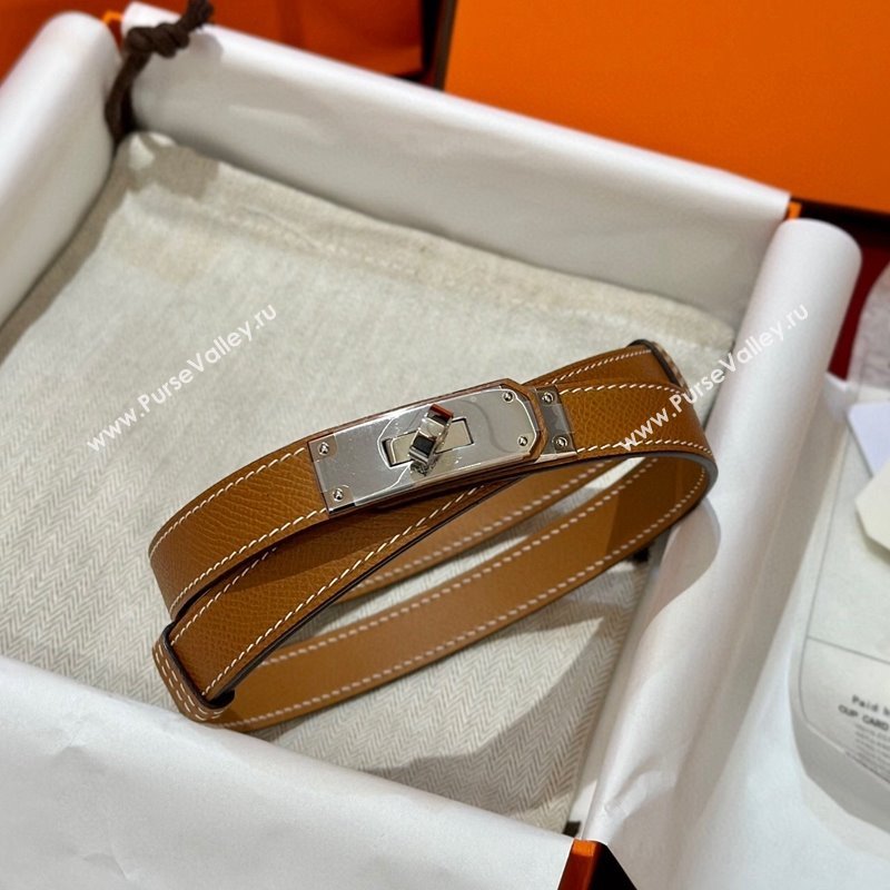 Hermes Kelly Duo Belt 1.8cm in Epsom Calfskin Brown/Silver 2024 H102202 (99-241022117)