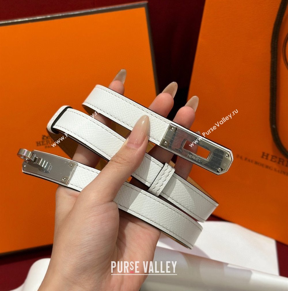 Hermes Kelly Duo Belt 1.8cm in Epsom Calfskin White/Silver 2024 H102202 (99-241022123)