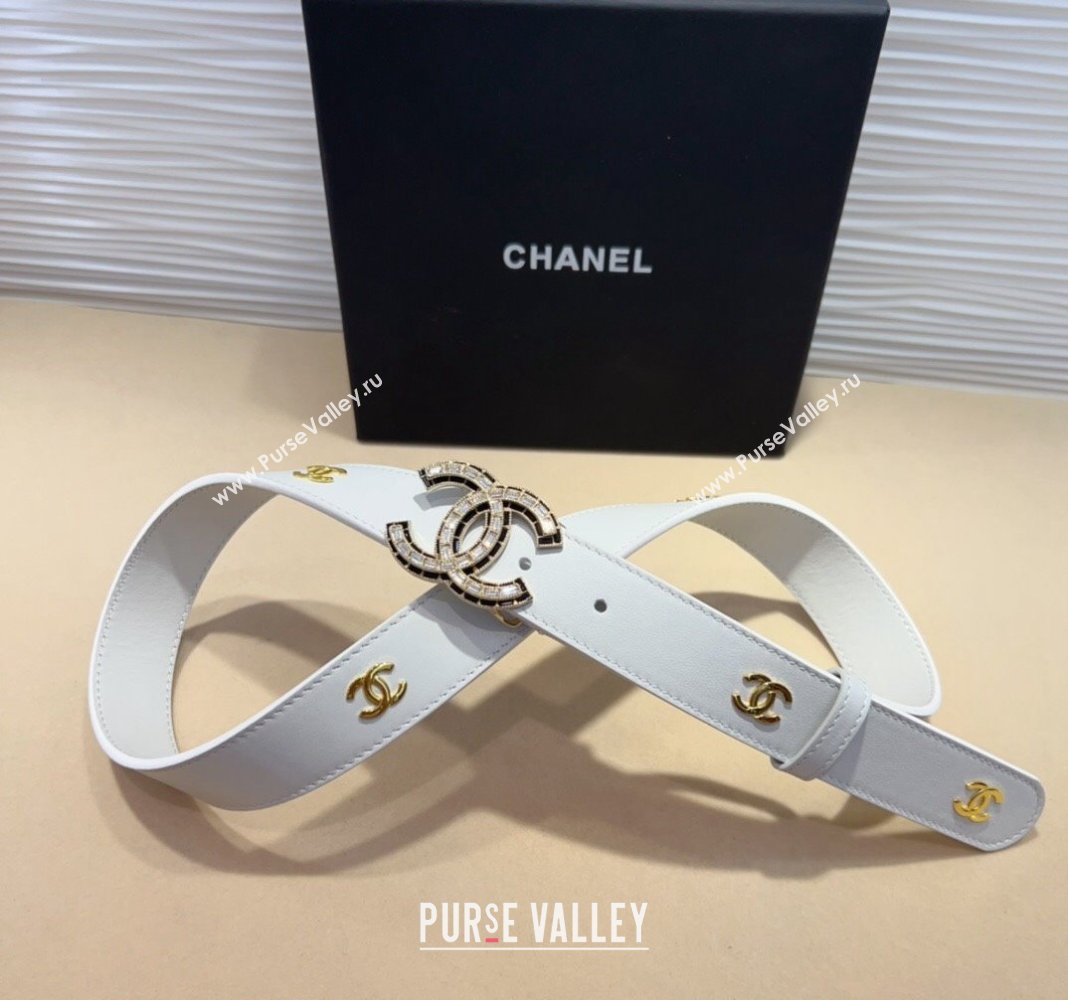 Chanel Calfskin Belt 3cm with Strass CC and Charm White 2024 CH102205 (99-241022081)