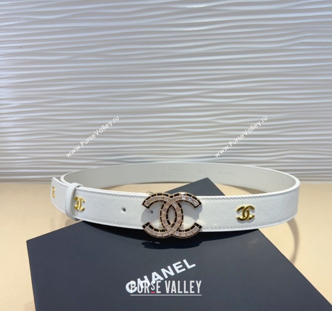 Chanel Calfskin Belt 3cm with Strass CC and Charm White 2024 CH102205 (99-241022081)