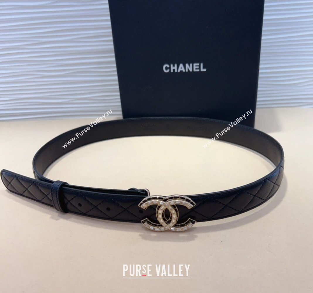 Chanel Quilted Lambskin Belt 3cm with Strass CC Black 2024 CH102205 (99-241022082)