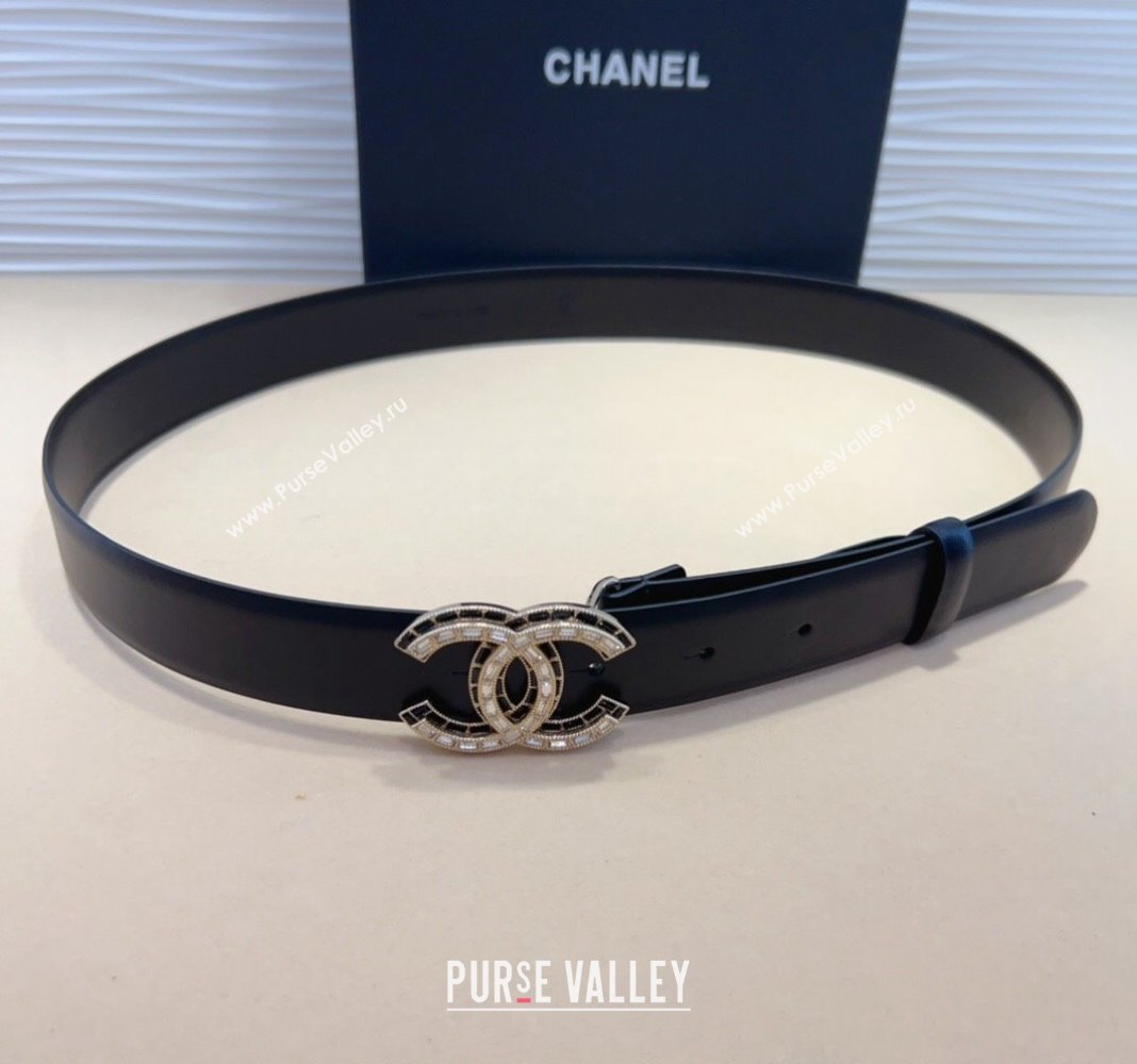 Chanel Calfskin Leather Belt 3cm with Strass CC Black 2024 CH102205 (99-241022083)