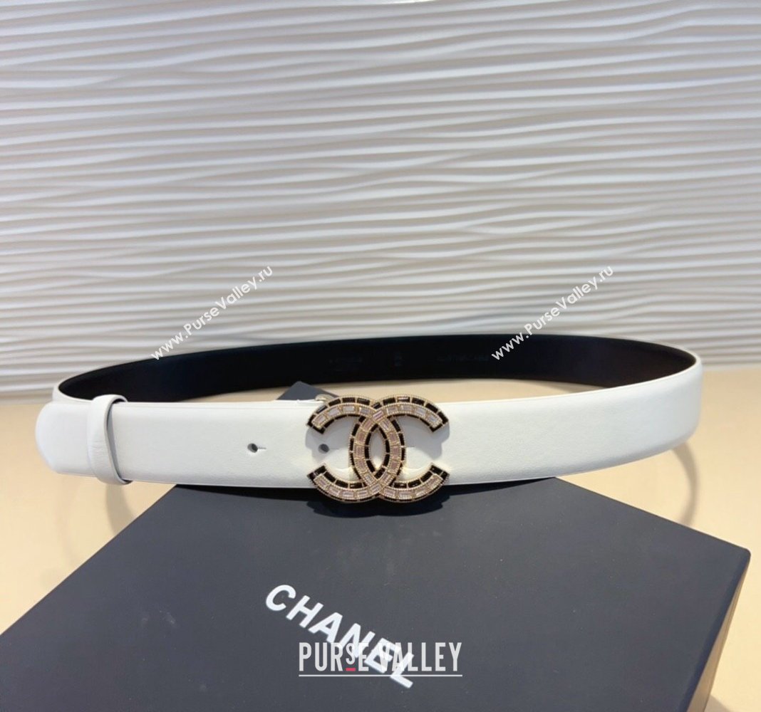 Chanel Calfskin Leather Belt 3cm with Strass CC White 2024 CH102205 (99-241022085)