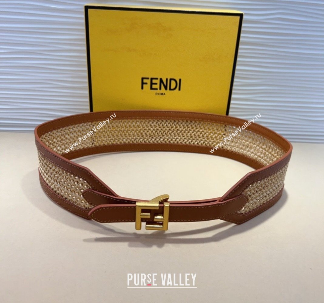 Fendi Waist Belt 6cm in Crochet Straw-Like and Calfskin Brown 2024 (99-241022016)